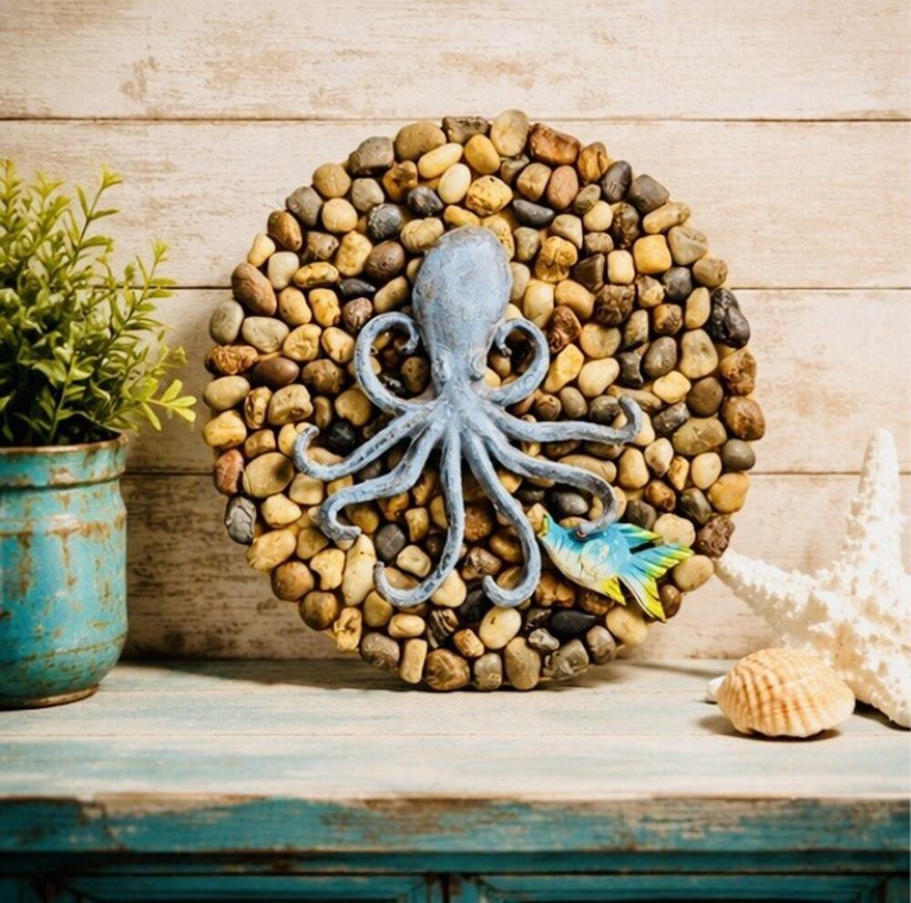 Handmade Coastal Wall Art Metal Octopus River Rock Pebble Mosaic Hanging 9.5”